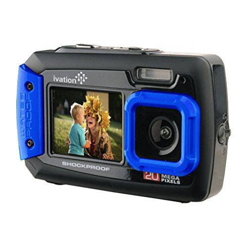 Ivation 20MP Underwater Shockproof Digital Camera & Video Camera w/Dual Full-Color LCD Displays - Fully Waterproof & Submersible Up to 10 Feet (Blue)