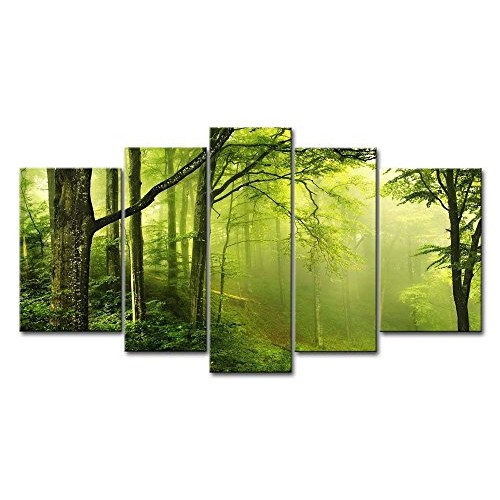 Green 5 Panel Wall Art Painting Enchanted Green Forest with Fog Pictures Prints On Canvas Landscape The Picture Decor Oil for Home Modern Decoratio...